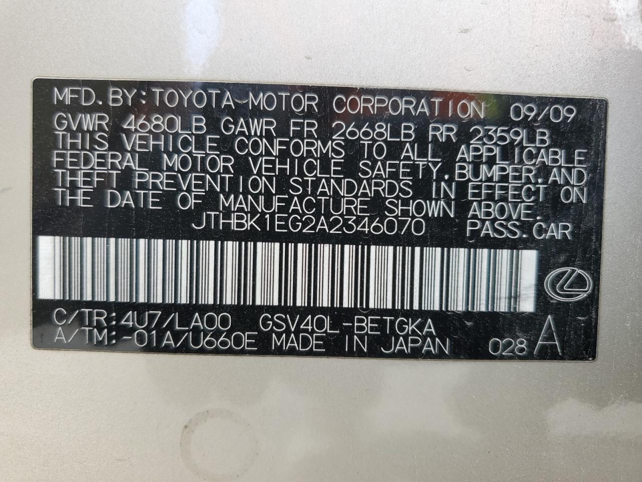 2010 Lexus Es 350 VIN: JTHBK1EG2A2346070 Lot: 90838815