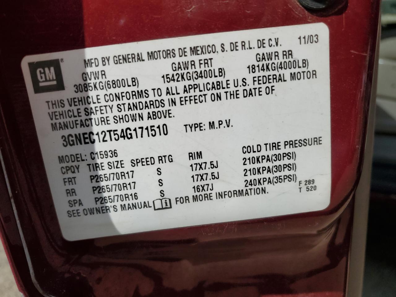 2004 Chevrolet Avalanche C1500 VIN: 3GNEC12T54G171510 Lot: 90282345