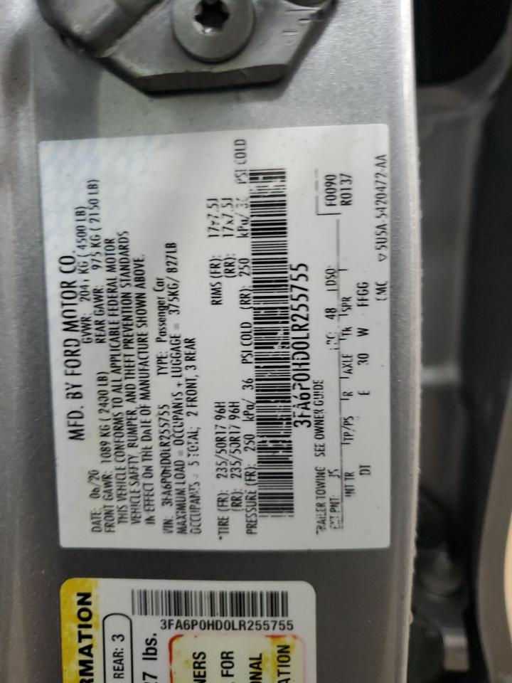 2020 Ford Fusion Se VIN: 3FA6P0HD0LR255755 Lot: 92647665