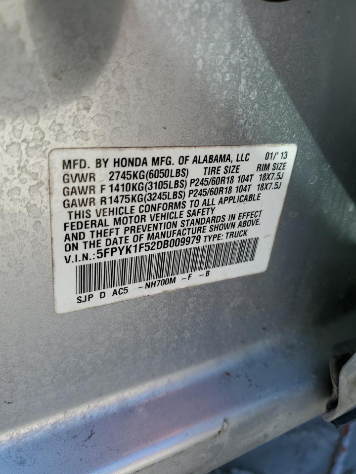 2013 Honda Ridgeline Rtl VIN: 5FPYK1F52DB009979 Lot: 92839855