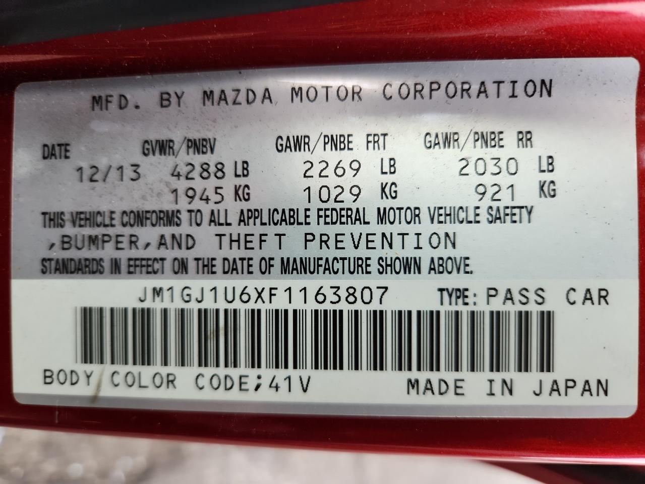 2015 Mazda 6 Sport VIN: JM1GJ1U6XF1163807 Lot: 90991735