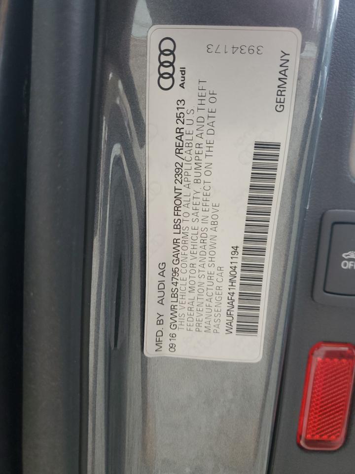 2017 Audi A4 Prestige VIN: WAUFNAF41HN041194 Lot: 92653465