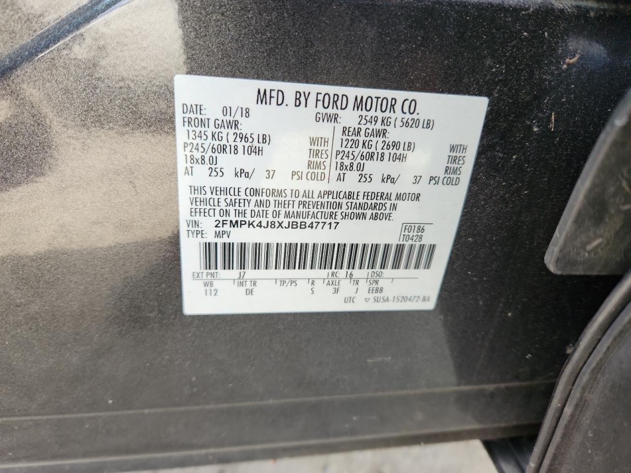 2018 Ford Edge Sel VIN: 2FMPK4J8XJBB47717 Lot: 93178815