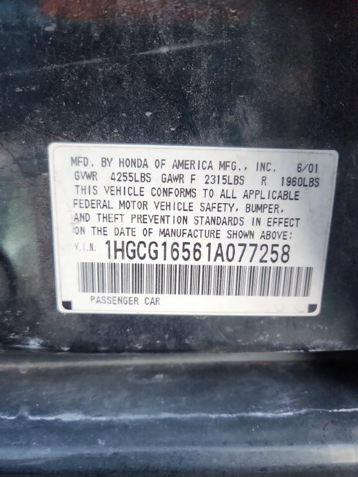 2001 Honda Accord Ex VIN: 1HGCG16561A077258 Lot: 92219085