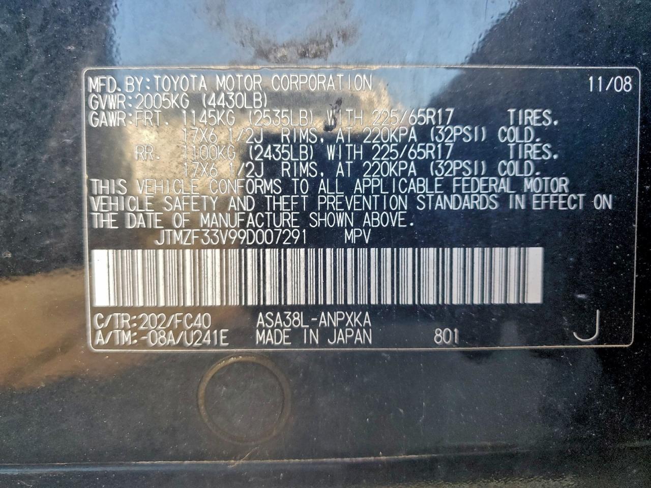 2009 Toyota Rav4 VIN: JTMZF33V99D007291 Lot: 93873395