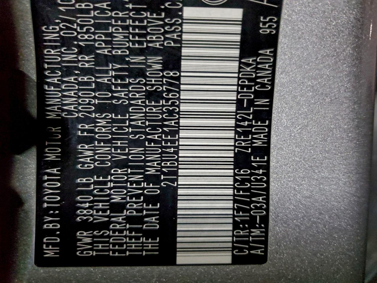 2010 Toyota Corolla Base VIN: 2T1BU4EE1AC356778 Lot: 95015235