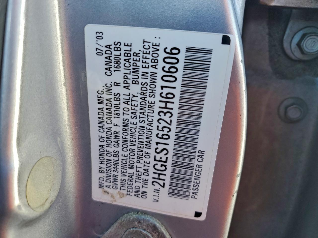 2003 Honda Civic Lx VIN: 2HGES16523H610606 Lot: 94080315