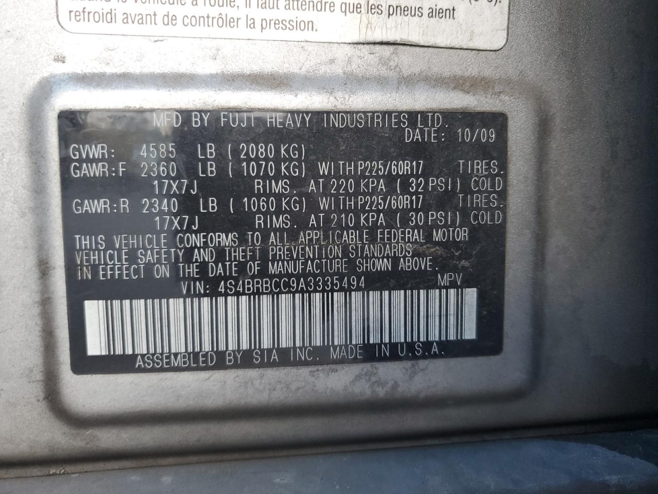 2010 Subaru Outback 2.5I Premium VIN: 4S4BRBCC9A3335494 Lot: 92631385