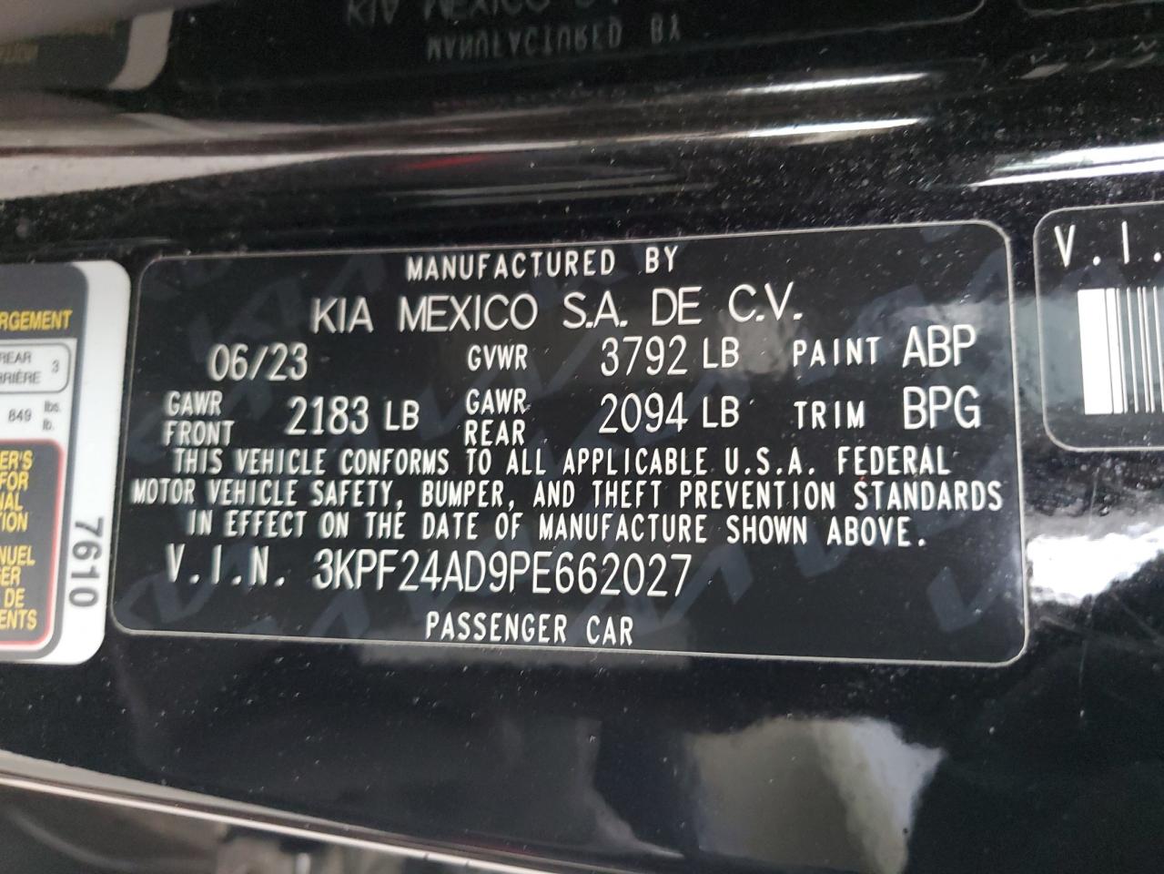 2023 Kia Forte Lx VIN: 3KPF24AD9PE662027 Lot: 92082375