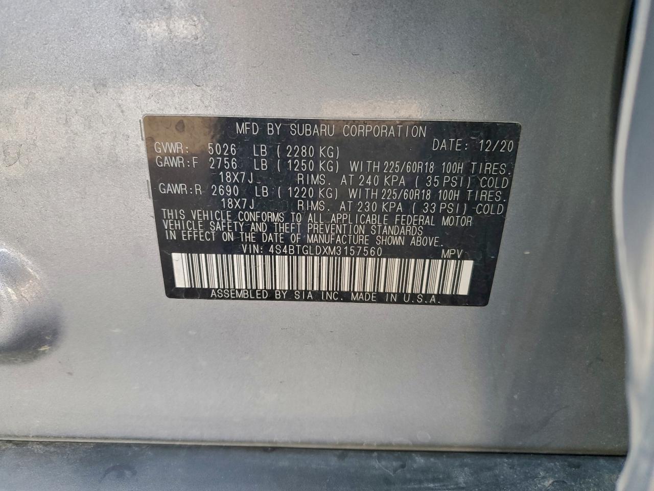 2021 Subaru Outback Onyx Edition Xt VIN: 4S4BTGLDXM3157560 Lot: 94444935