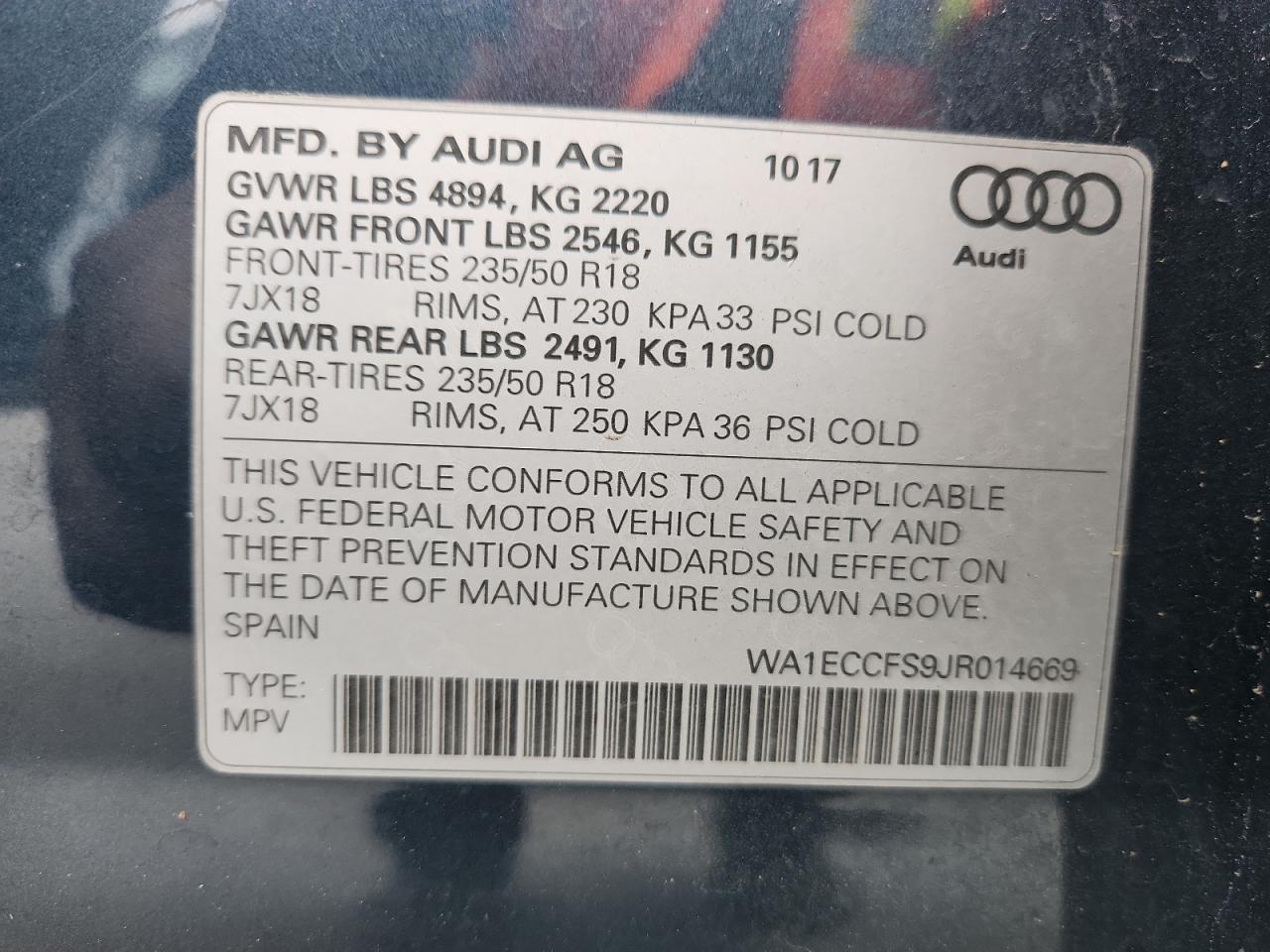 2018 Audi Q3 Premium VIN: WA1ECCFS9JR014669 Lot: 92400685