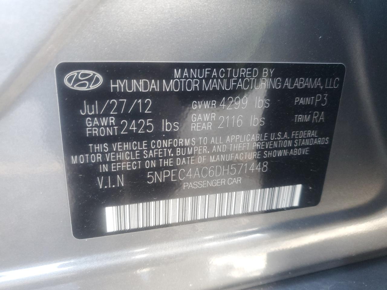 2013 Hyundai Sonata Se VIN: 5NPEC4AC6DH571448 Lot: 93480125