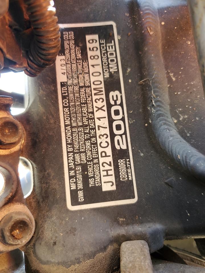 2003 Honda Cbr600 Rr VIN: JH2PC371X3M001859 Lot: 93038695