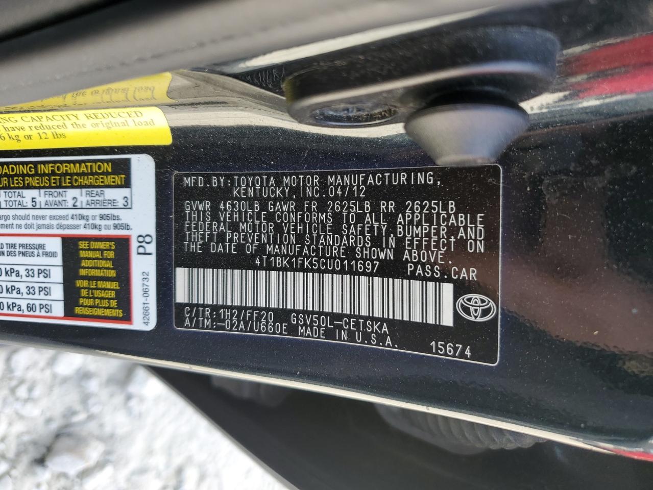 2012 Toyota Camry Se VIN: 4T1BK1FK5CU011697 Lot: 92714505