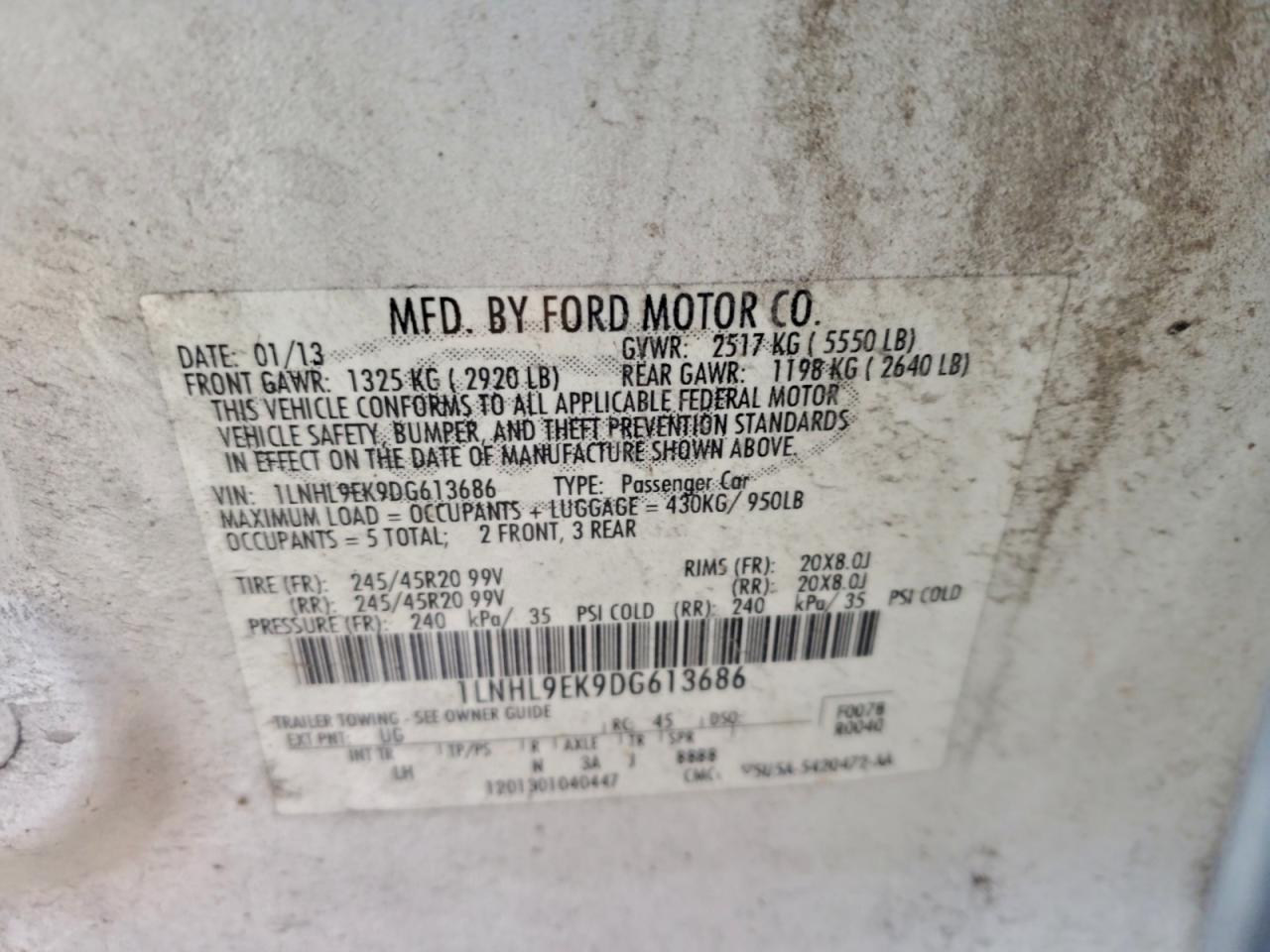 2013 Lincoln Mks VIN: 1LNHL9EK9DG613686 Lot: 93614035