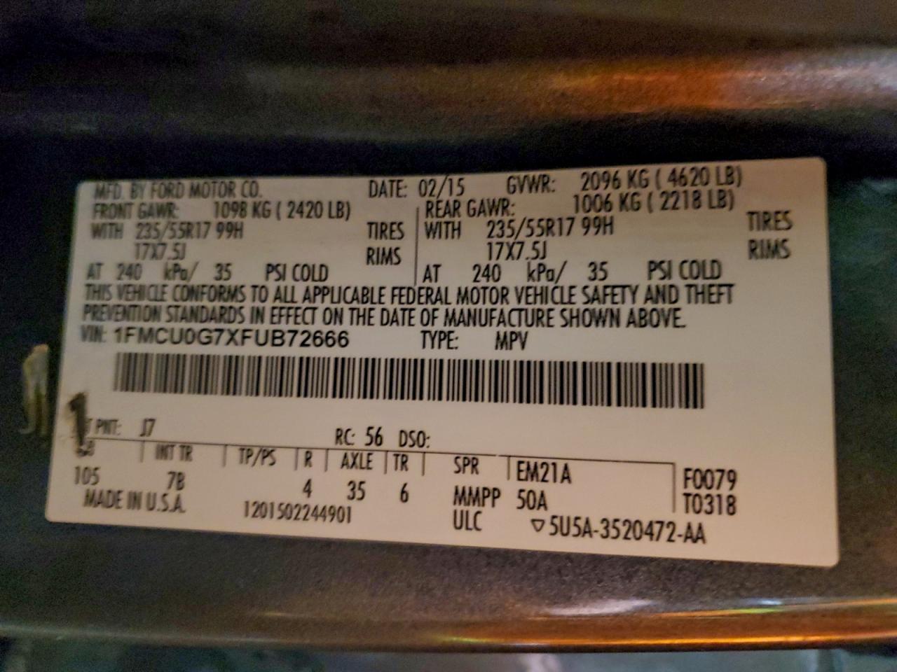 2015 Ford Escape Se VIN: 1FMCU0G7XFUB72666 Lot: 94348185