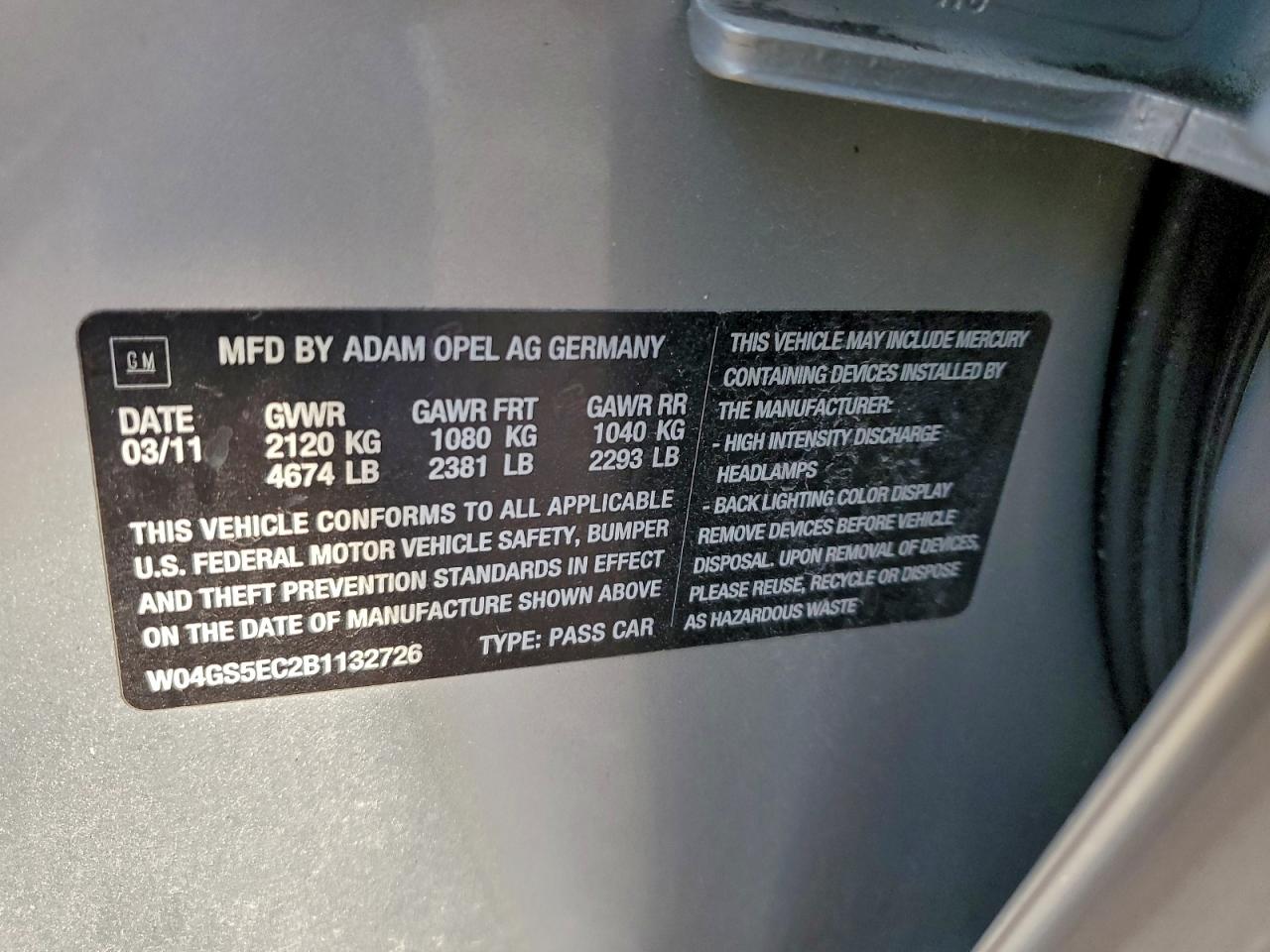 2011 Buick Regal Cxl VIN: W04GS5EC2B1132726 Lot: 93196775