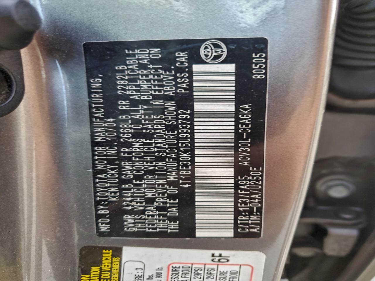 2005 Toyota Camry Le VIN: 4T1BE30K15U993792 Lot: 94469355