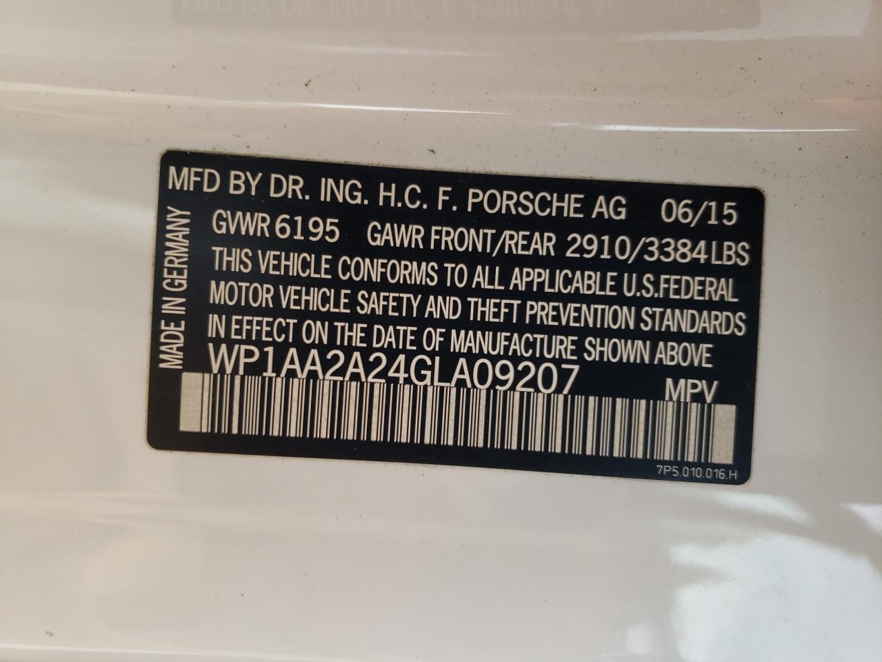 2016 Porsche Cayenne VIN: WP1AA2A24GLA09207 Lot: 90785045