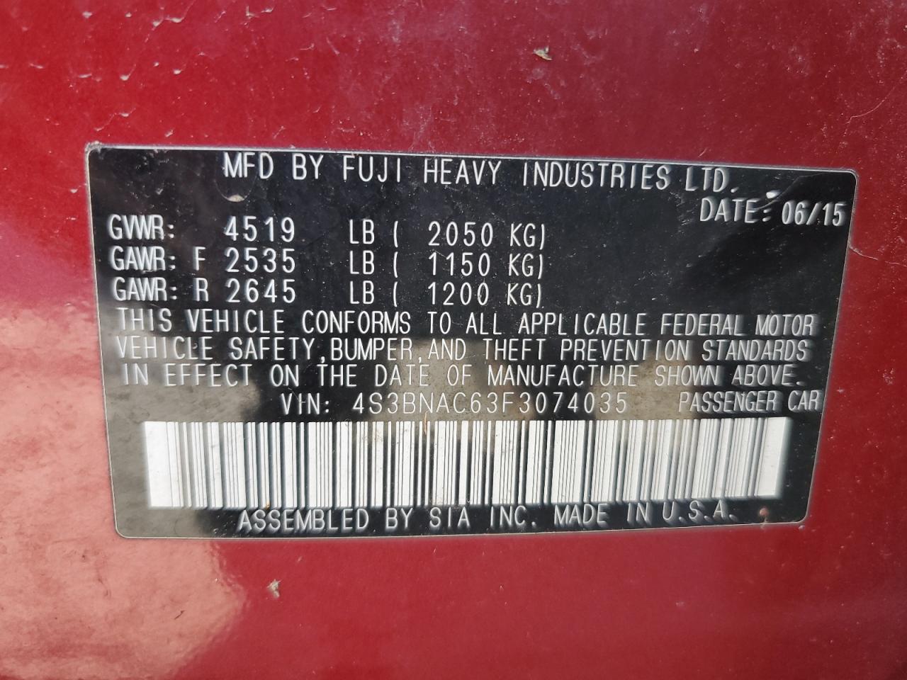 2015 Subaru Legacy 2.5I Premium VIN: 4S3BNAC63F3074035 Lot: 91091995