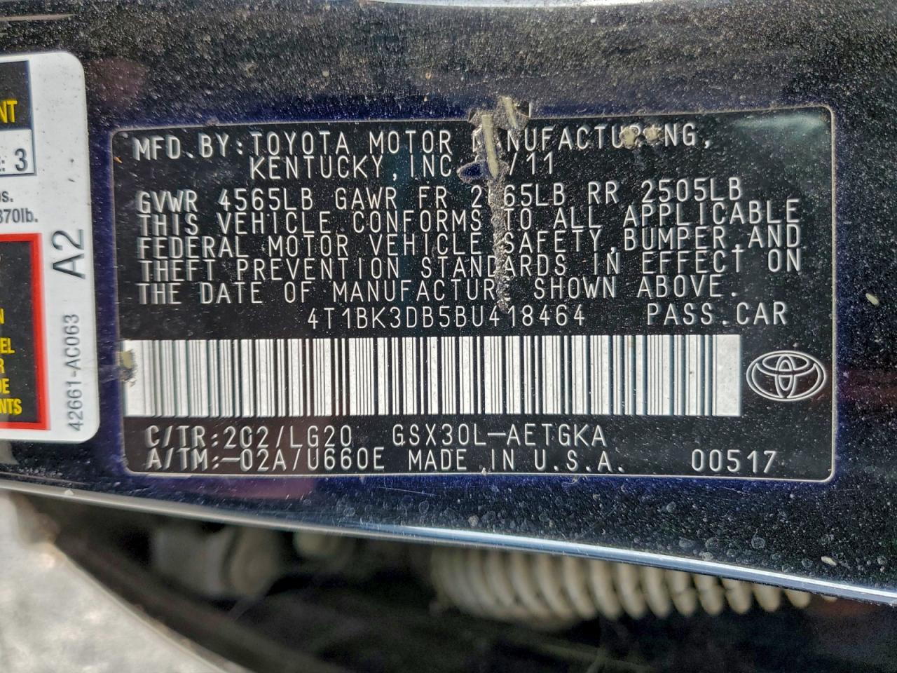 2011 Toyota Avalon Base VIN: 4T1BK3DB5BU418464 Lot: 94189565