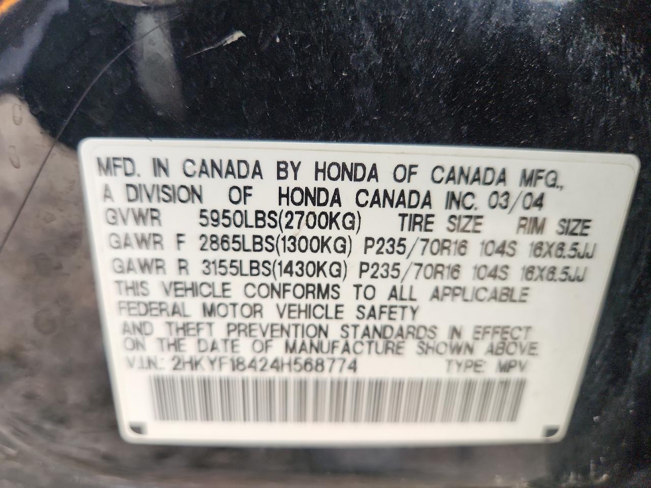 2004 Honda Pilot Ex VIN: 2HKYF18424H568774 Lot: 93503525