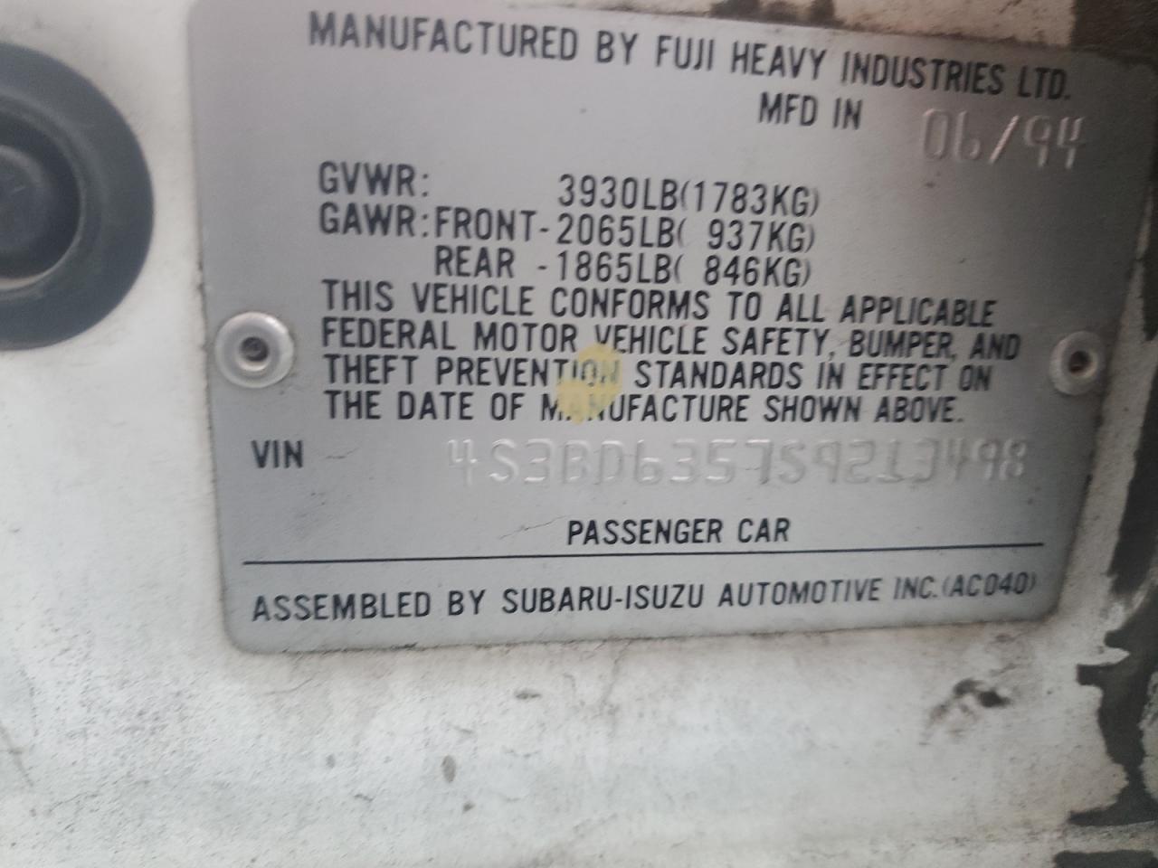 1995 Subaru Legacy L VIN: 4S3BD6357S9213498 Lot: 91594895