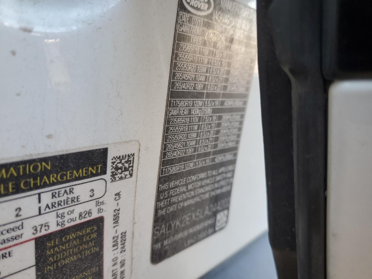 2020 Land Rover Range Rover Velar R-Dynamic S VIN: SALYK2EX5LA244202 Lot: 90314885