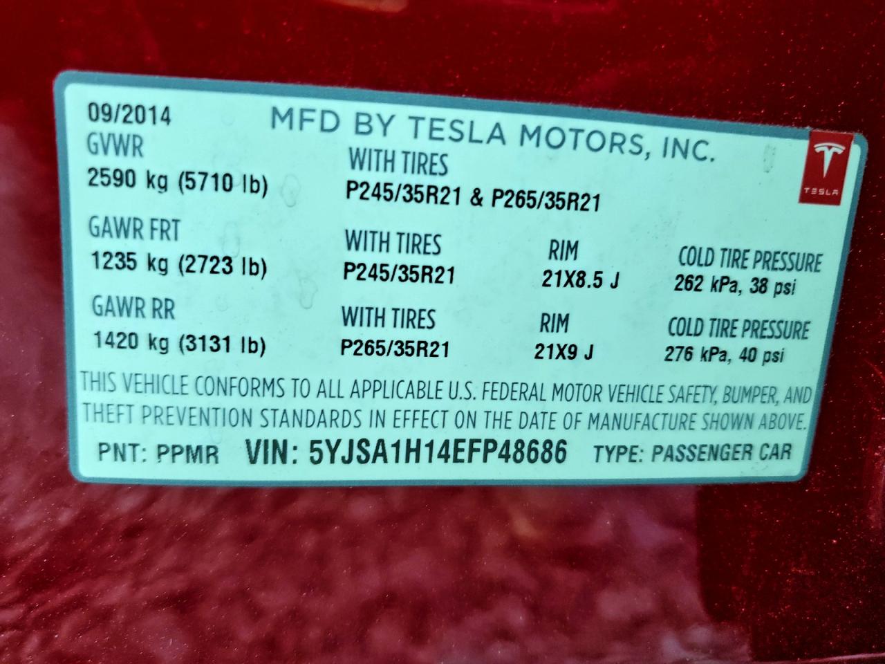 2014 Tesla Model S VIN: 5YJSA1H14EFP48686 Lot: 92893735