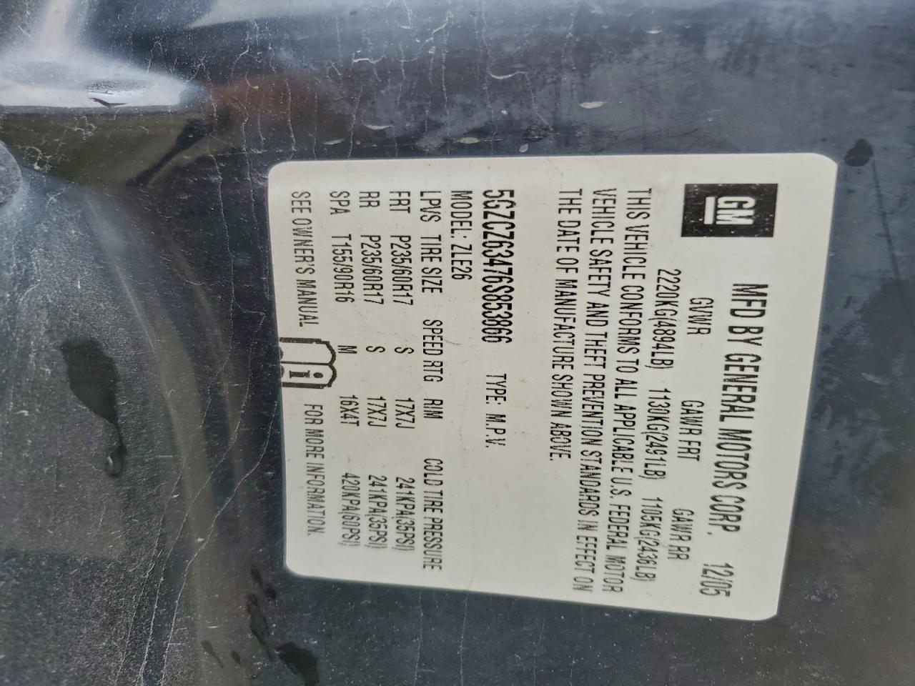 2006 Saturn Vue VIN: 5GZCZ63476S853866 Lot: 93849525