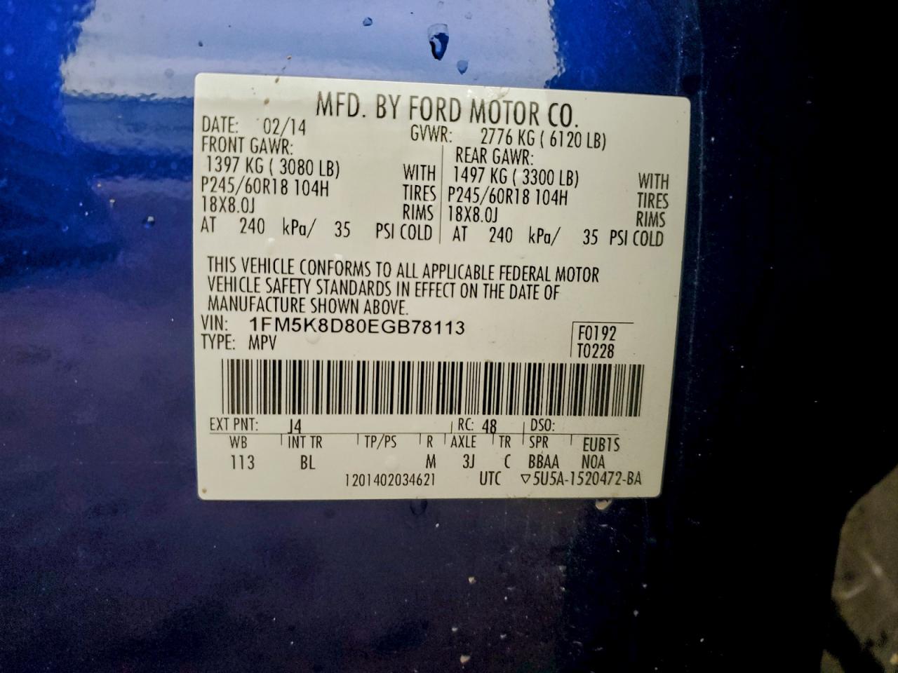 2014 Ford Explorer Xlt VIN: 1FM5K8D80EGB78113 Lot: 93818065