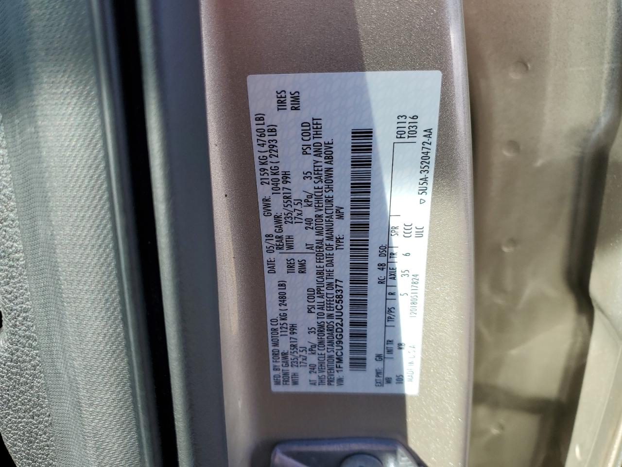 2018 Ford Escape Se VIN: 1FMCU9GD2JUC58377 Lot: 92866225