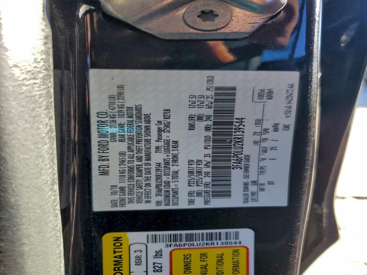 2019 Ford Fusion Se VIN: 3FA6P0LU2KR139544 Lot: 94374435