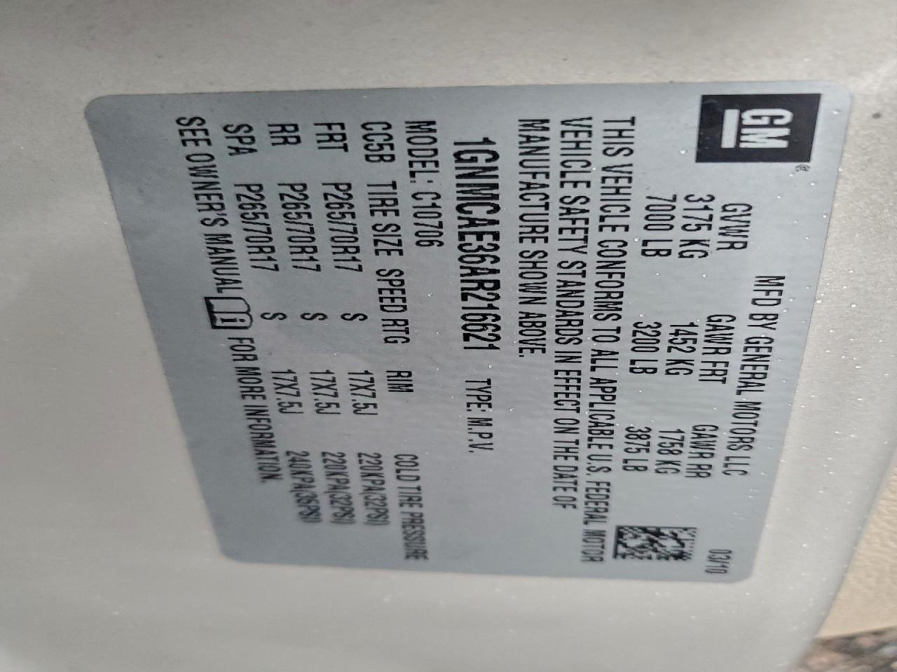 2010 Chevrolet Tahoe C1500 Ls VIN: 1GNMCAE36AR216621 Lot: 93633585