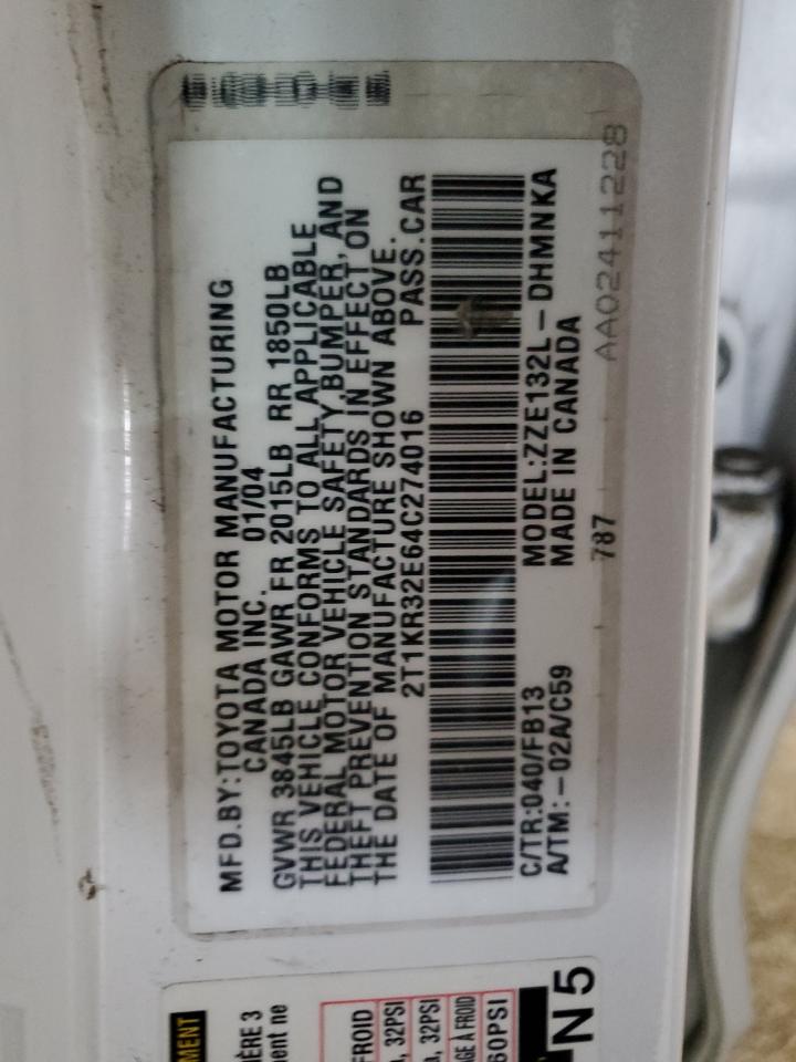 2004 Toyota Corolla Matrix Xr VIN: 2T1KR32E64C274016 Lot: 93776785