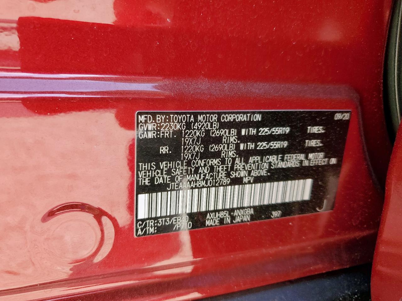 2021 Toyota Venza Le VIN: JTEAAAAH8MJ012789 Lot: 93686965