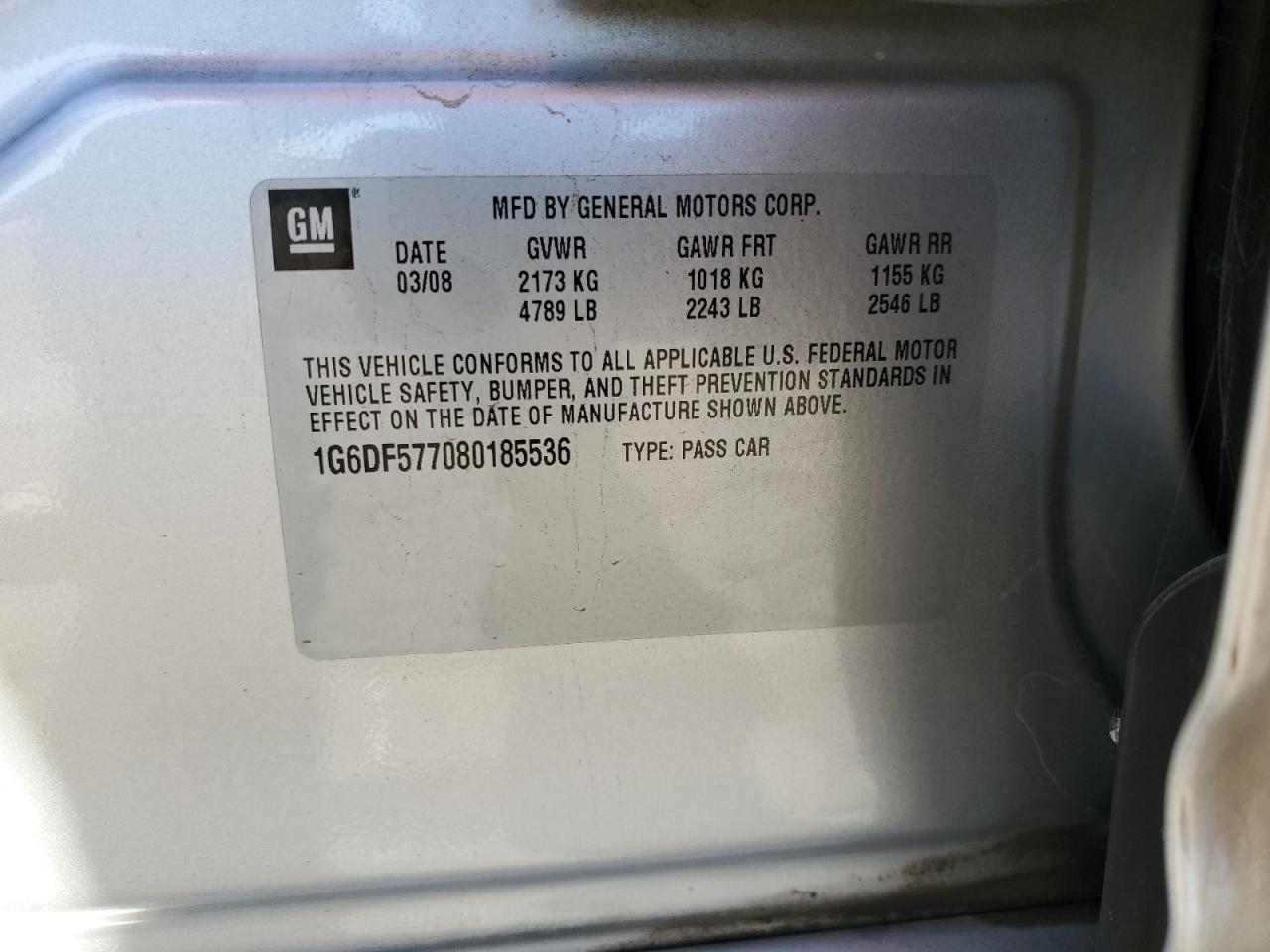 2008 Cadillac Cts VIN: 1G6DF577080185536 Lot: 91645485