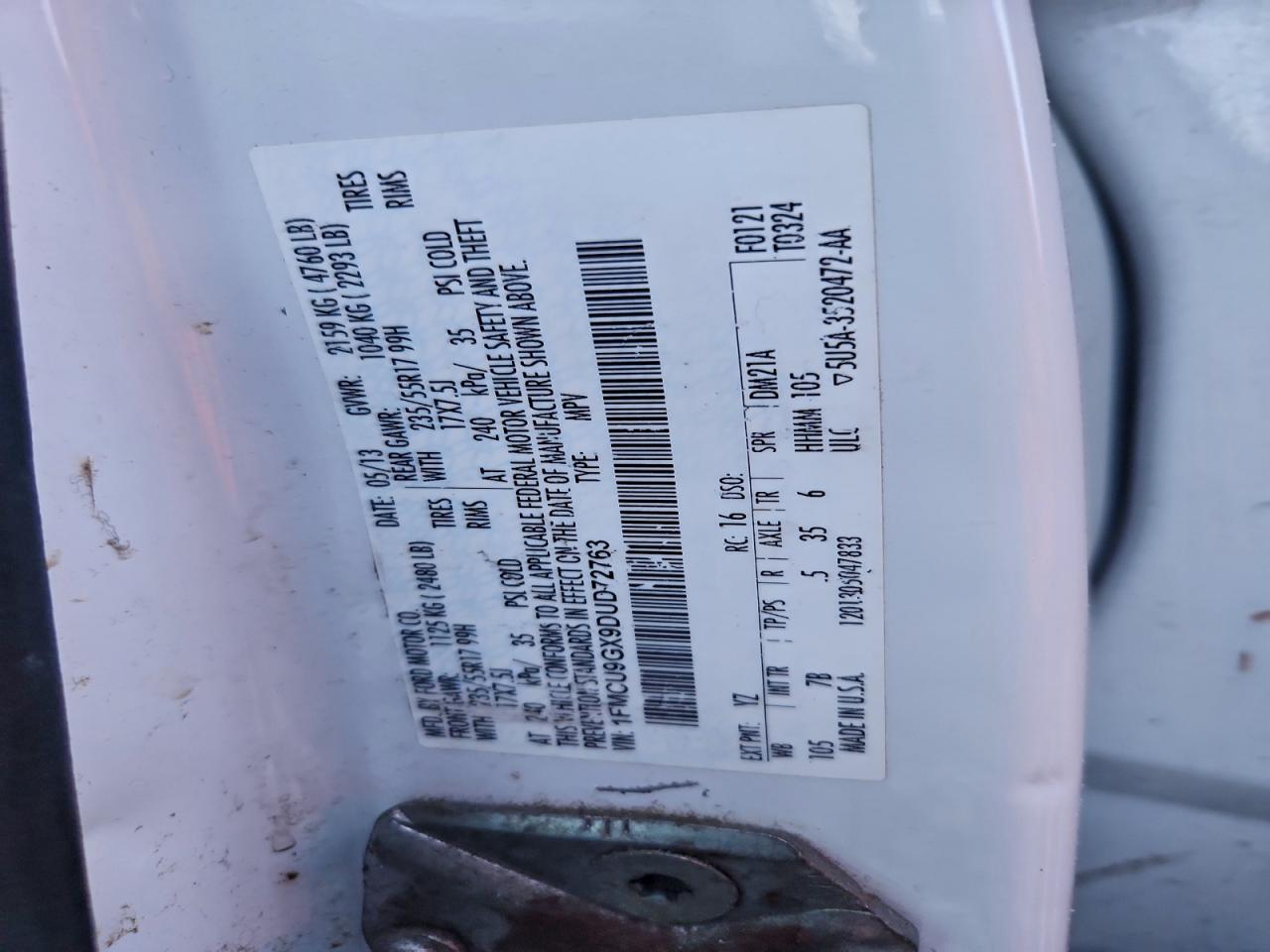 2013 Ford Escape Se VIN: 1FMCU9GX9DUD72763 Lot: 93318655