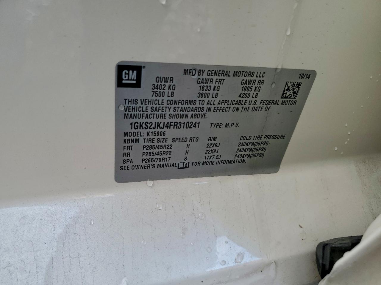 2015 GMC Yukon Xl Denali VIN: 1GKS2JKJ4FR310241 Lot: 93711355