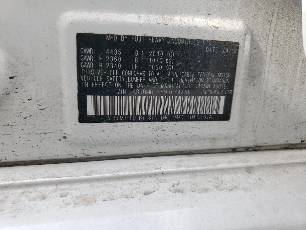 2013 Subaru Legacy 2.5I Limited VIN: 4S3BMBL68D3044566 Lot: 90951525