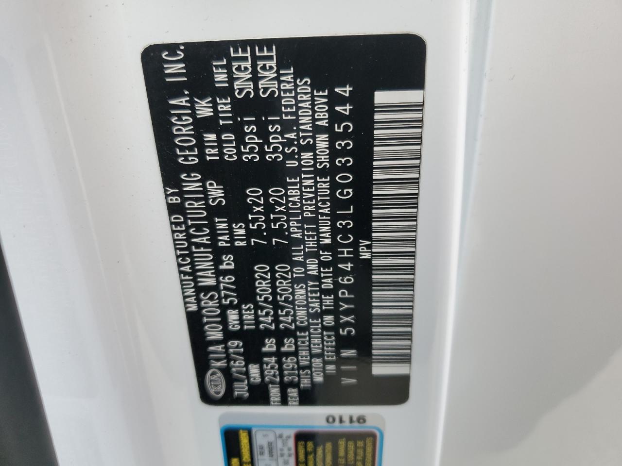 2020 Kia Telluride S VIN: 5XYP64HC3LG033544 Lot: 92855785