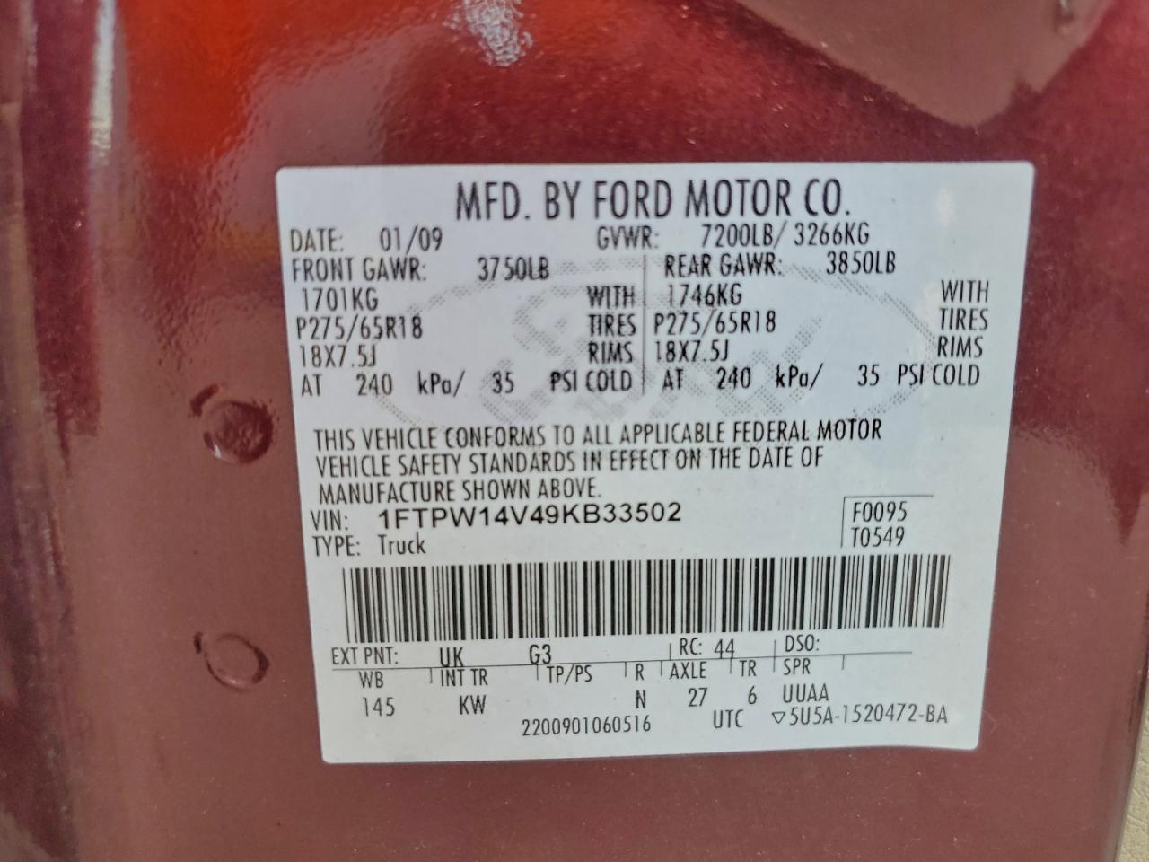 2009 Ford F150 Supercrew VIN: 1FTPW14V49KB33502 Lot: 93669045