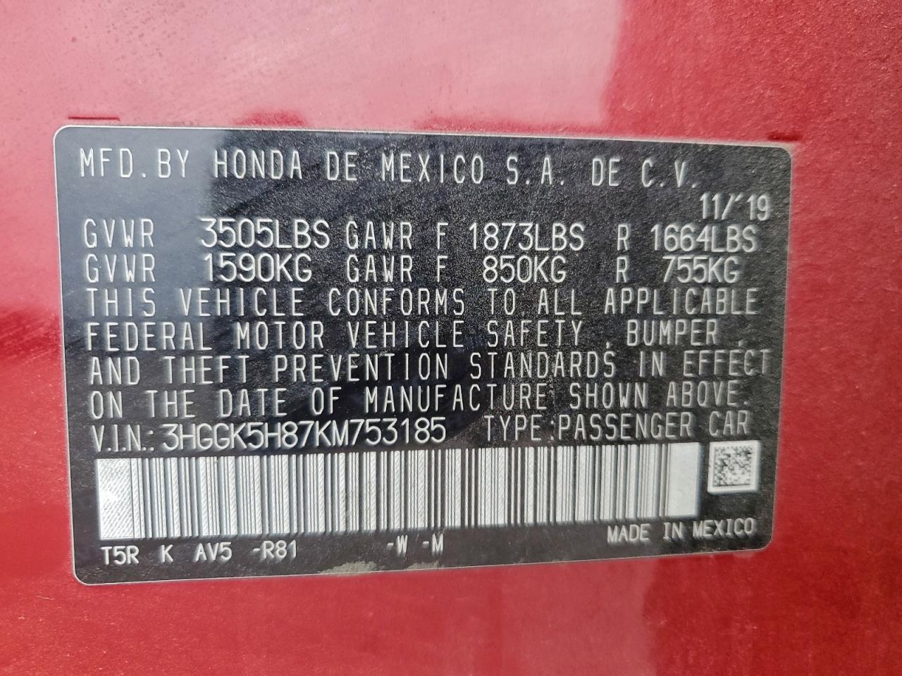 2019 Honda Fit Ex VIN: 3HGGK5H87KM753185 Lot: 94529895