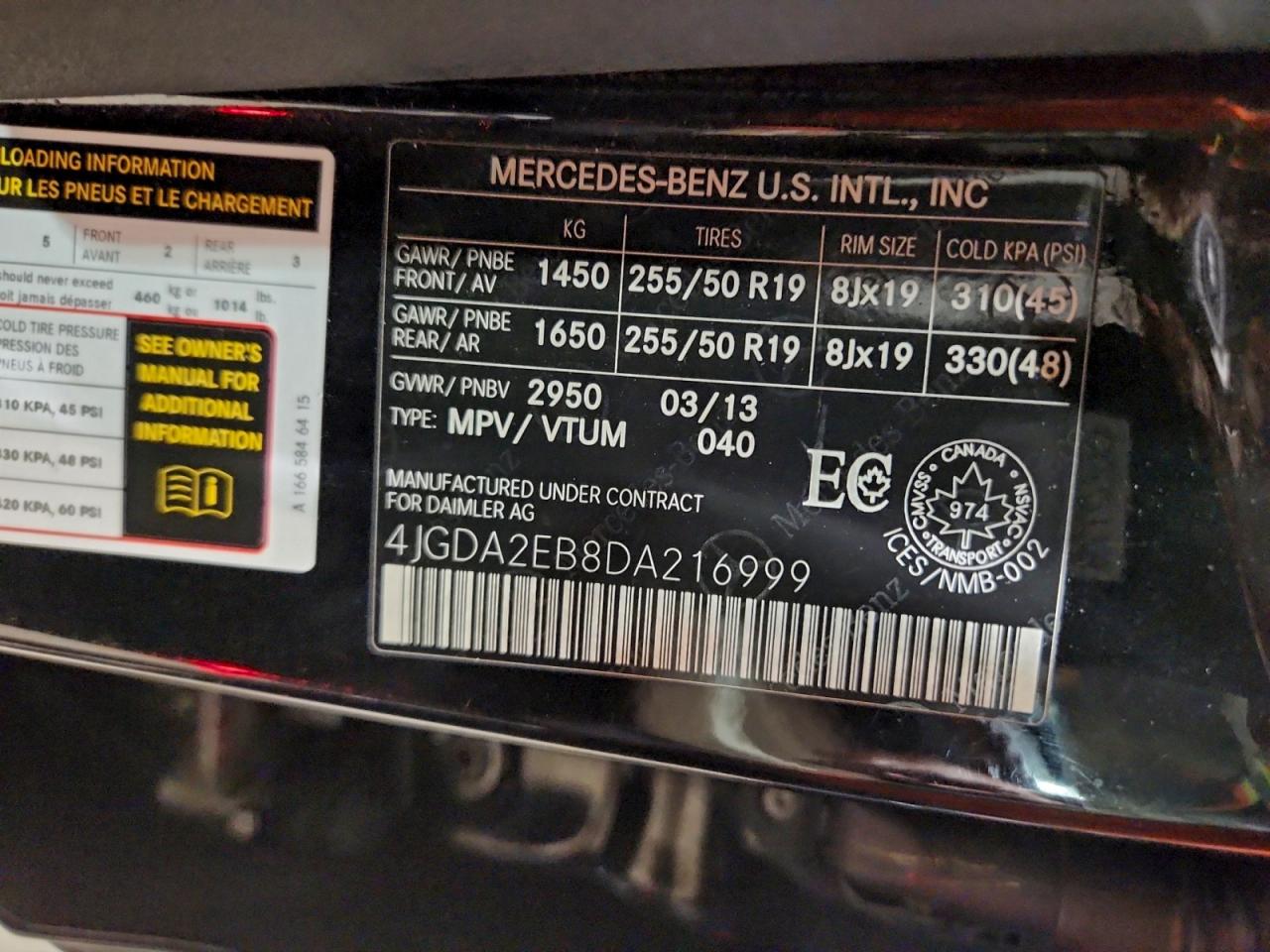 2013 Mercedes-Benz Ml 350 Bluetec VIN: 4JGDA2EB8DA216999 Lot: 94895145