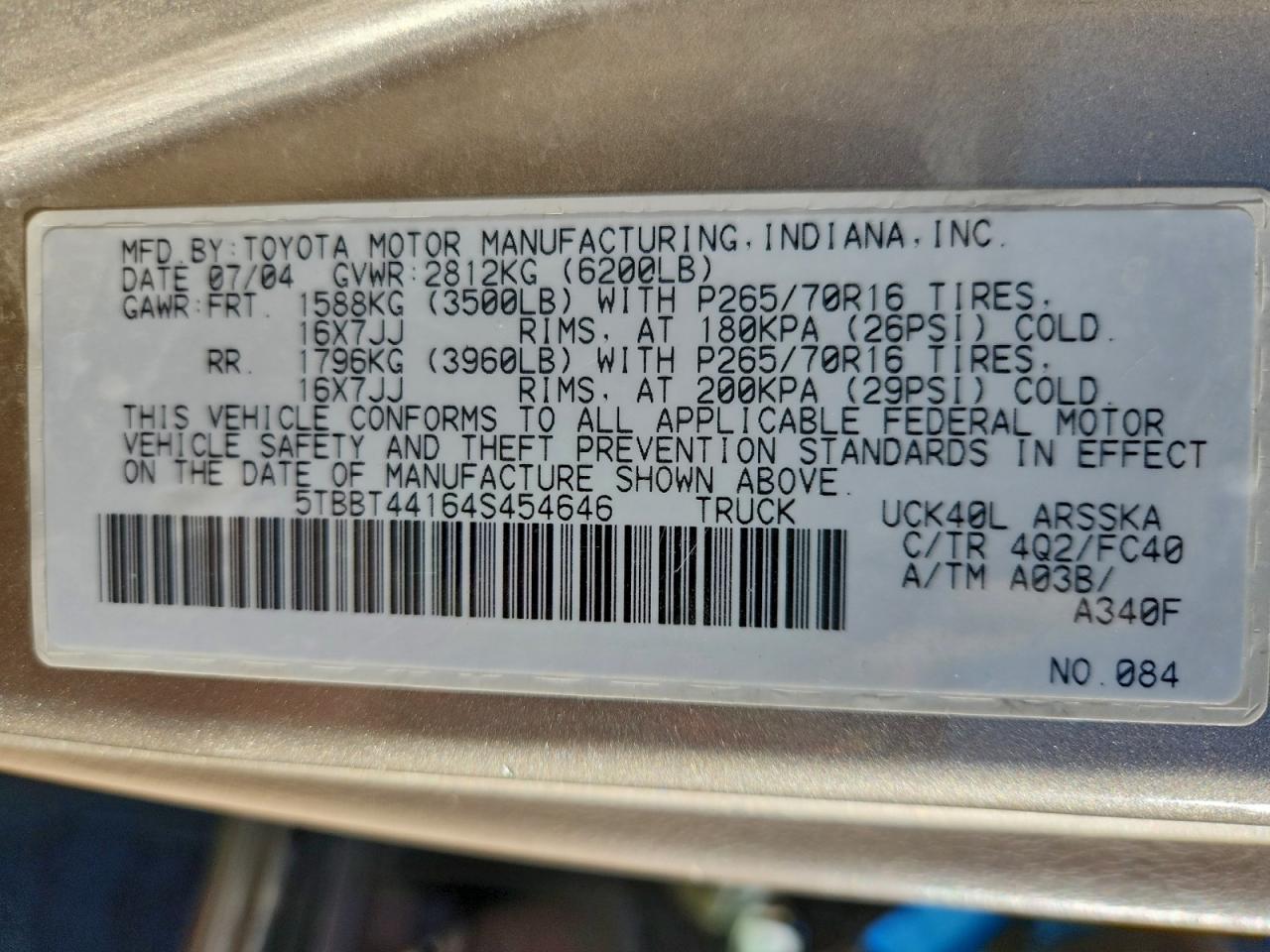 2004 Toyota Tundra Access Cab Sr5 VIN: 5TBBT44164S454646 Lot: 93537135