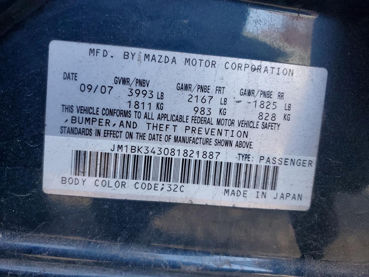 2008 Mazda 3 Hatchback VIN: JM1BK343081821887 Lot: 92318025