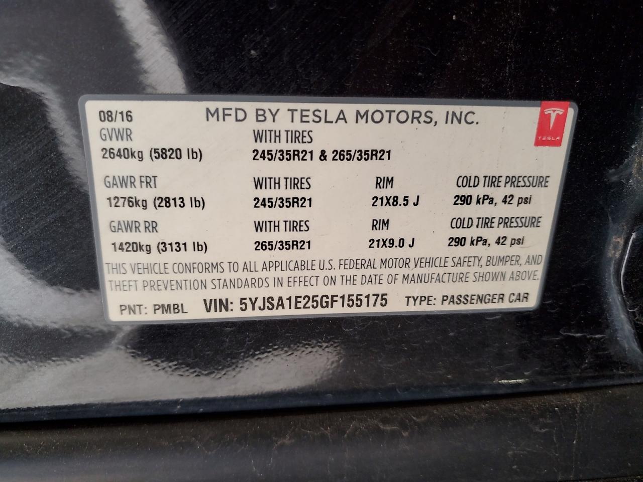 2016 Tesla Model S VIN: 5YJSA1E25GF155175 Lot: 93129385