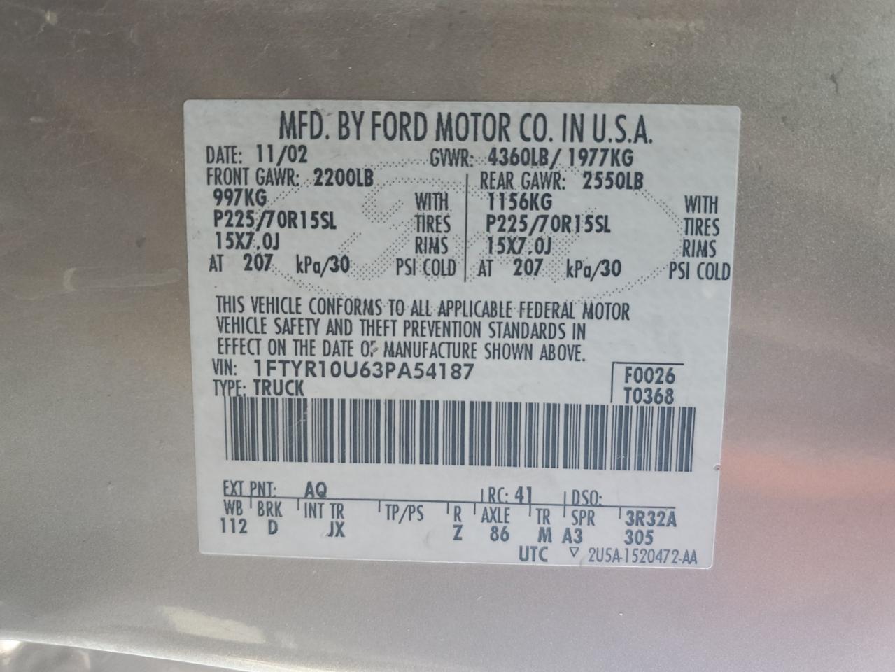 2003 Ford Ranger VIN: 1FTYR10U63PA54187 Lot: 91914545