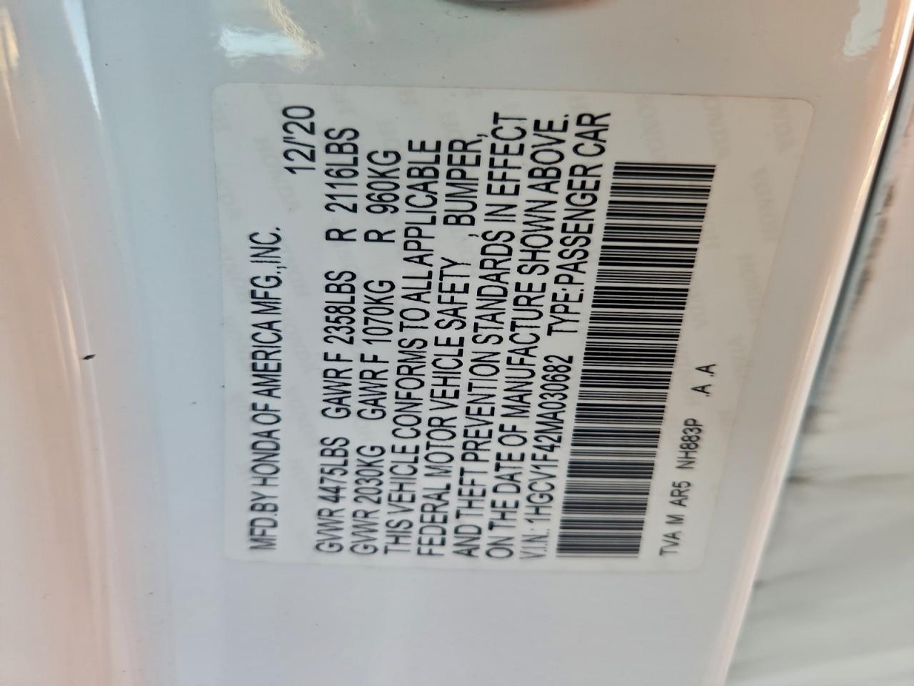 2021 Honda Accord Sport Se VIN: 1HGCV1F42MA030682 Lot: 94350845