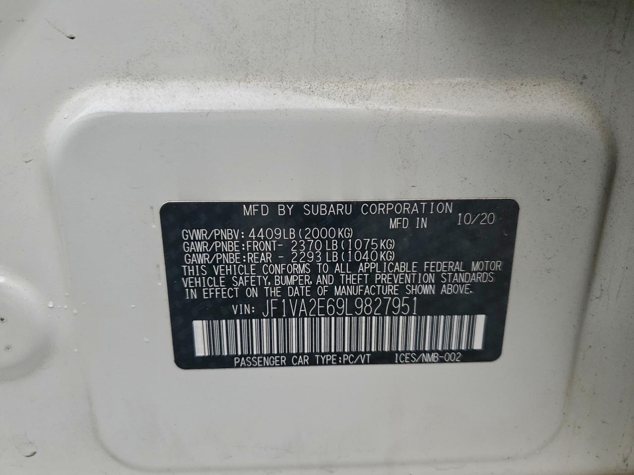 2020 Subaru Wrx Sti VIN: JF1VA2E69L9827951 Lot: 94086725